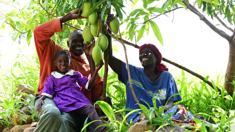 Family sitting under a tree, picking fruit they have grown