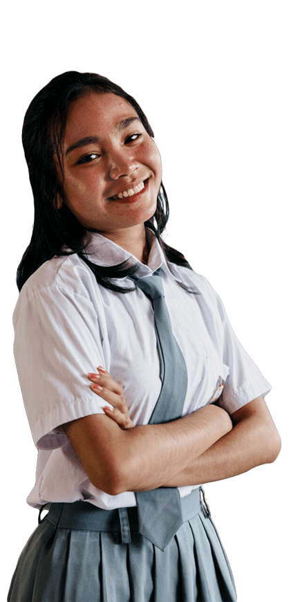 Close-up of a smiling female student in uniform with arms folded.