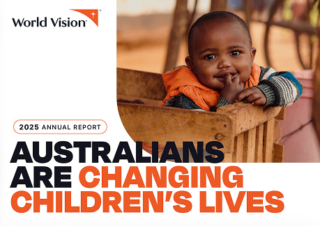 A cover showing a smiling child and World Vision Australia's 2025 Annual Report.