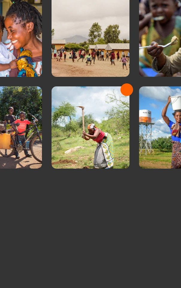 Compilation of six images from various countries, including a woman working on the land, children playing outside, a child eating, a woman with a small child, a boy riding a bike and a girl carrying water.